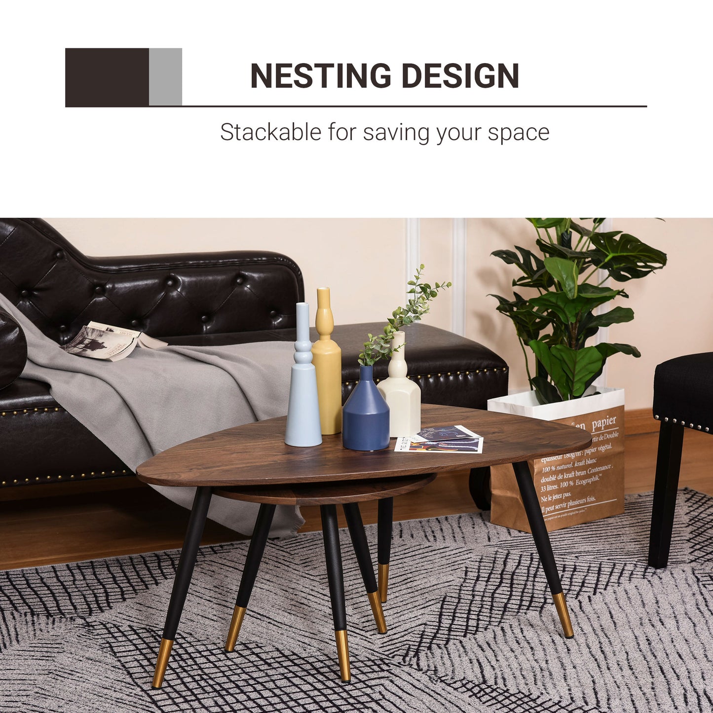 Coffee Table Set of 2 Nesting End Side Tables for Living Room, Walnut