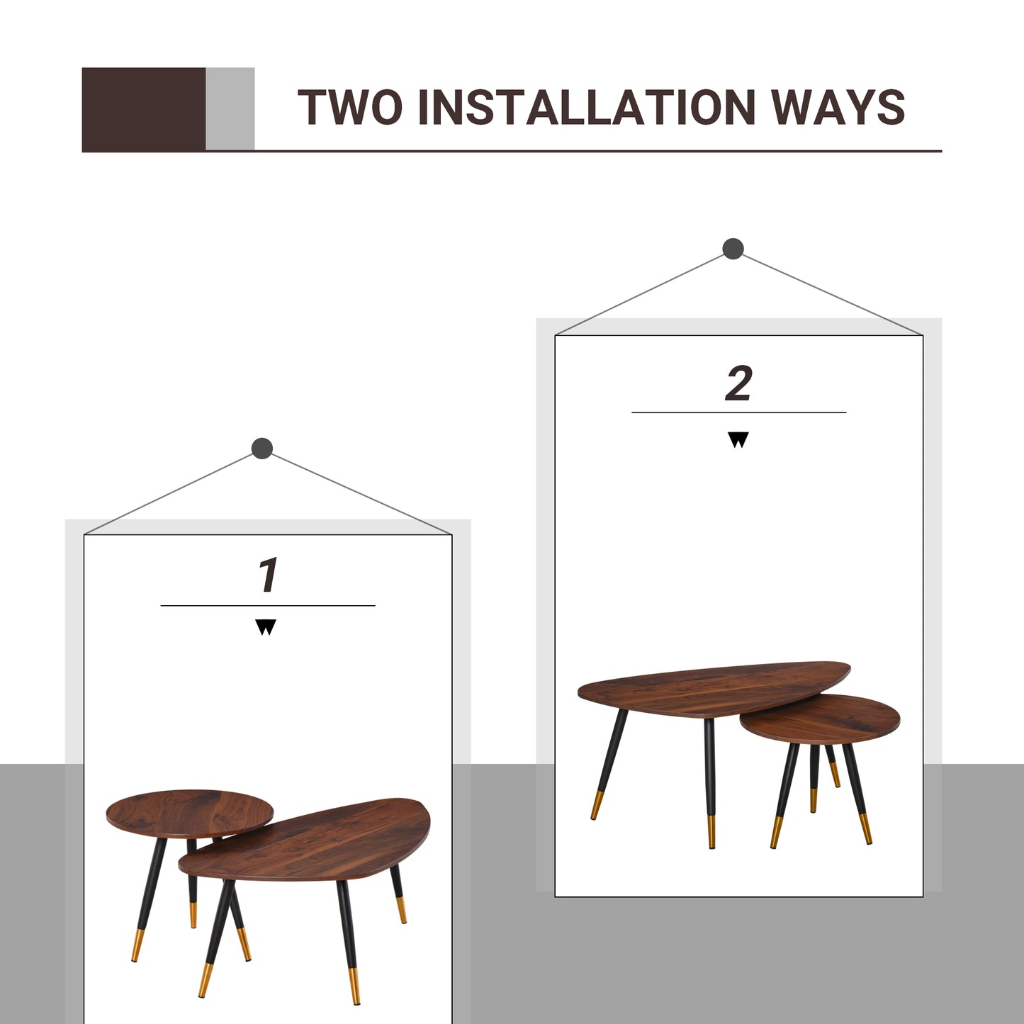 Coffee Table Set of 2 Nesting End Side Tables for Living Room, Walnut