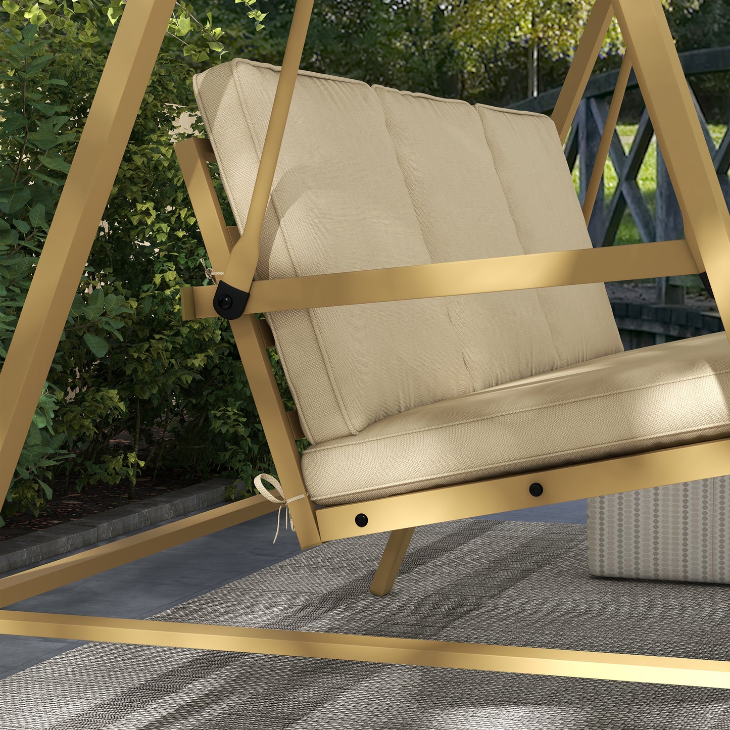 3 Seater Garden Swing Chair, Outdoor Hammock Bench with Adjustable Canopy, Removable Cushions and Steel Frame, Beige