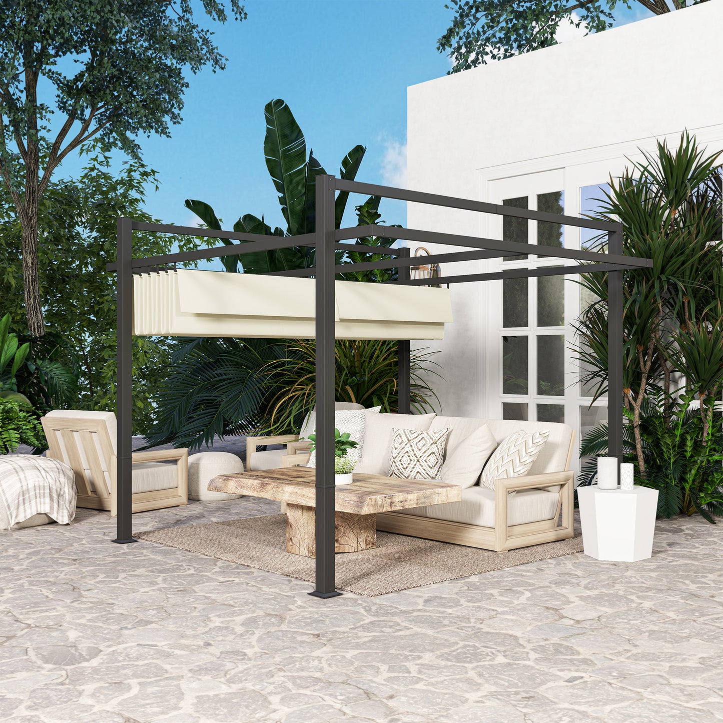 3 x 3(m) Pergola with Retractable Roof and Aluminium Frame, Khaki