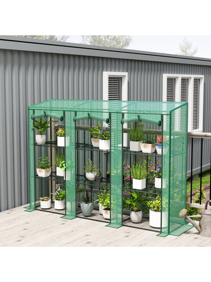 3 Tier Lean-to Mini Greenhouse with Reinforced PE Cover, Portable Indoor Outdoor Green House with 3 Roll-up Doors and 9 Wire Shelves, 151H x 215W x 46D cm, Green
