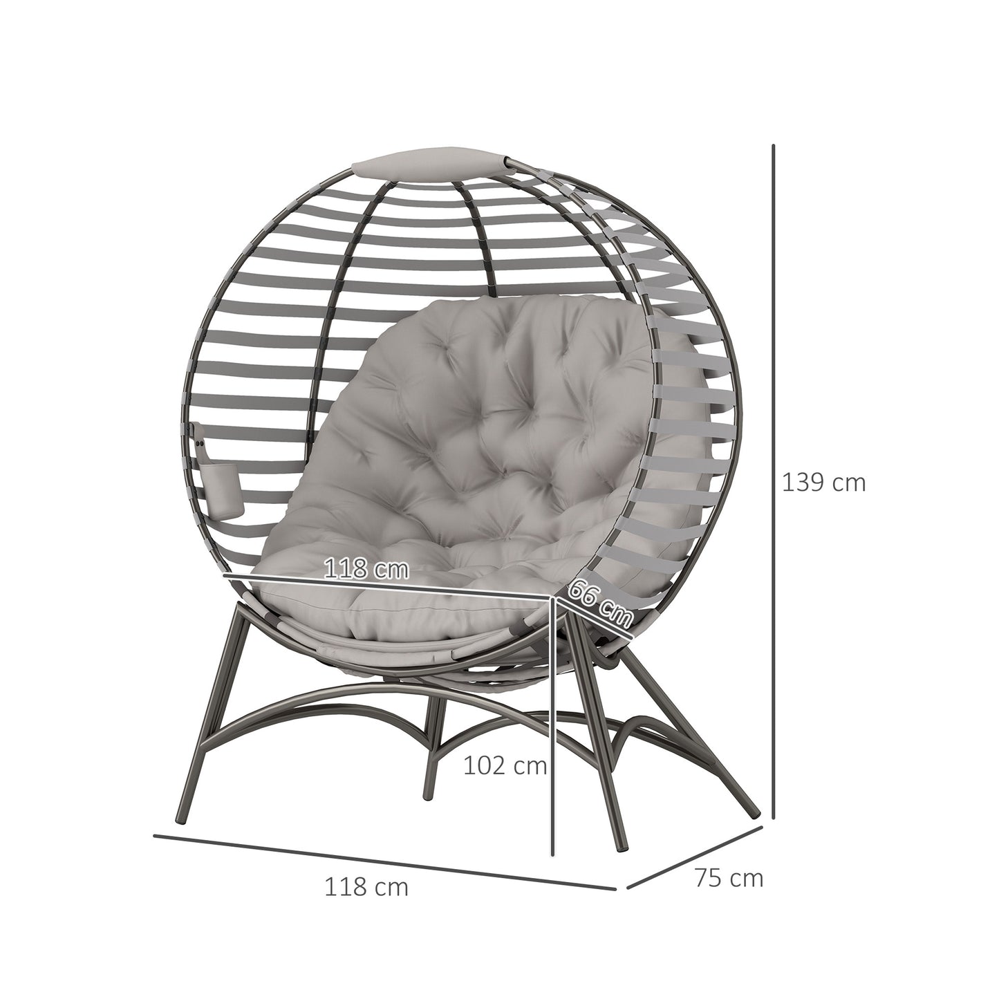 Egg Chair w/ Cushion Steel Frame and Side Pocket, Light Grey