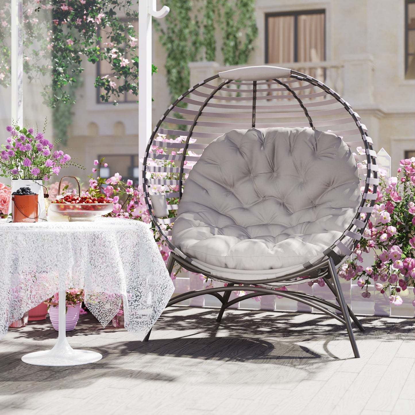 Egg Chair w/ Cushion Steel Frame and Side Pocket, Light Grey