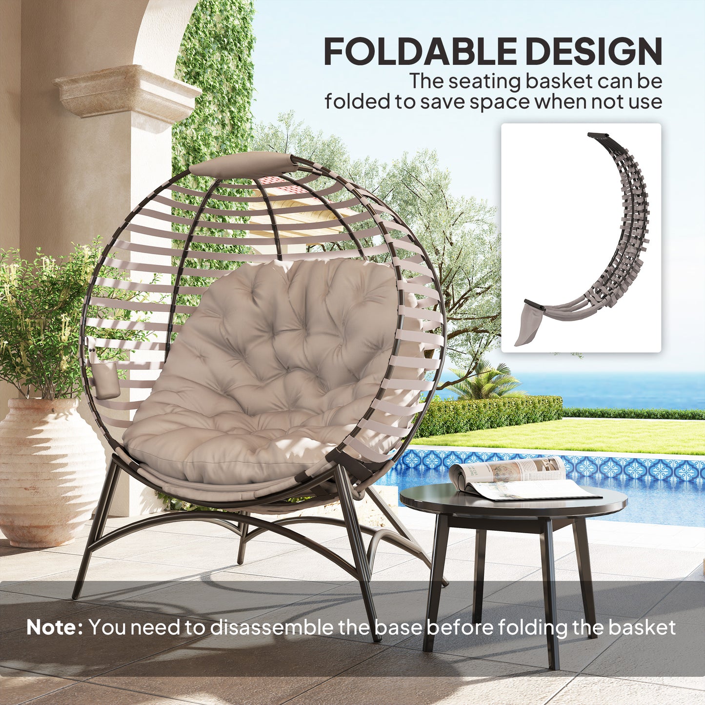 Egg Chair w/ Cushion Steel Frame and Side Pocket, Light Grey