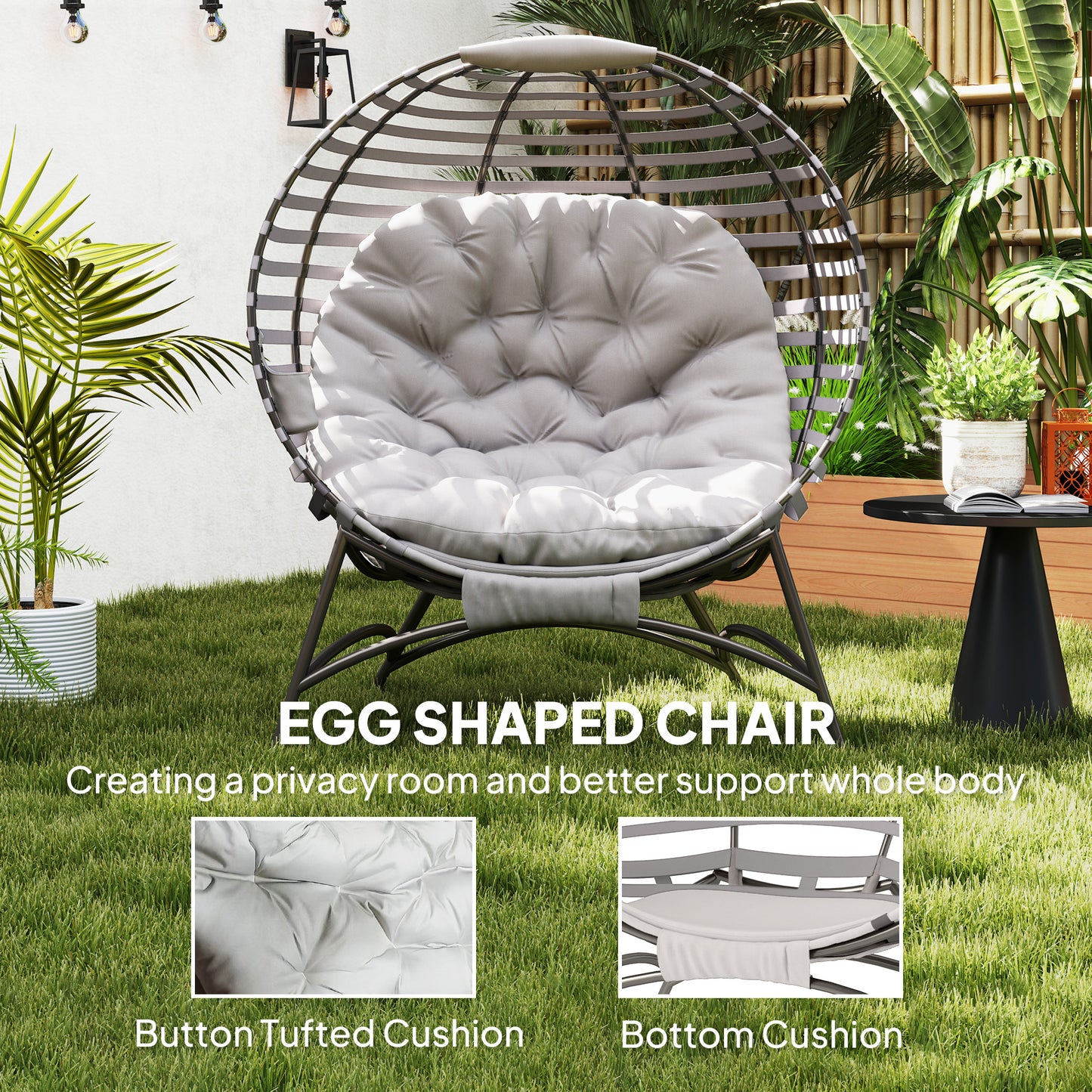 Egg Chair w/ Cushion Steel Frame and Side Pocket, Light Grey