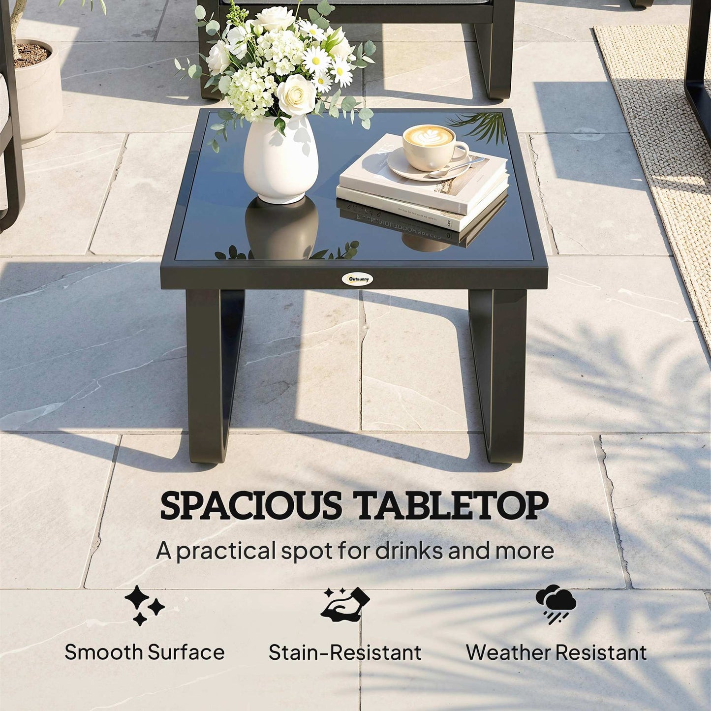 Garden Coffee Table Outdoor Side Table with Glass Top Black