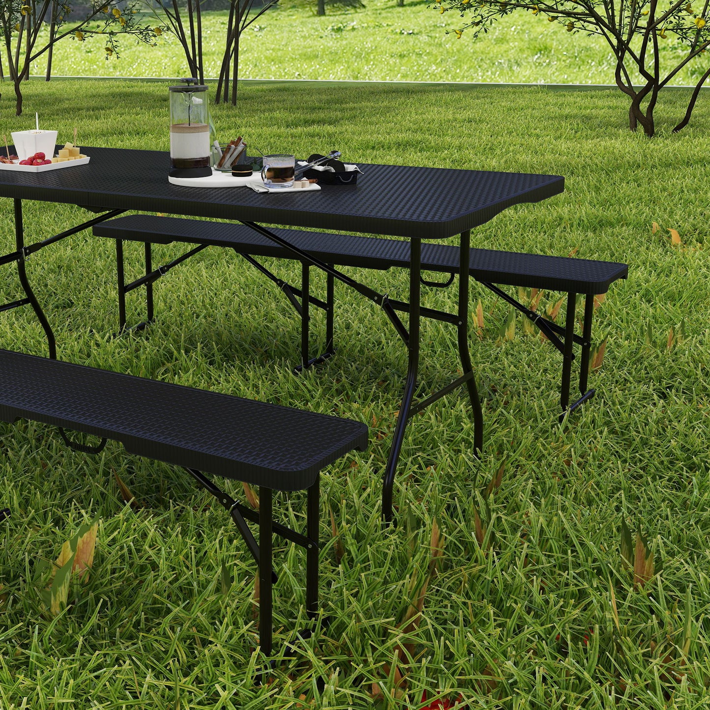 Rattan Effect Folding Picnic Table and Bench Set w/ Handles, Black