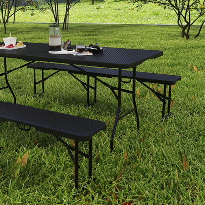 Rattan Effect Folding Picnic Table and Bench Set w/ Handles, Black