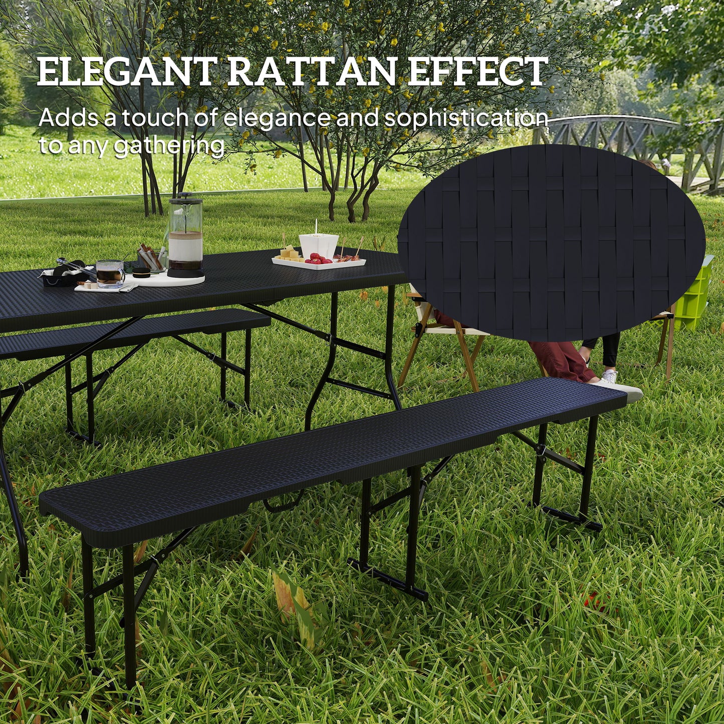 Rattan Effect Folding Picnic Table and Bench Set w/ Handles, Black