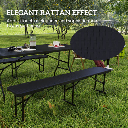 Rattan Effect Folding Picnic Table and Bench Set w/ Handles, Black