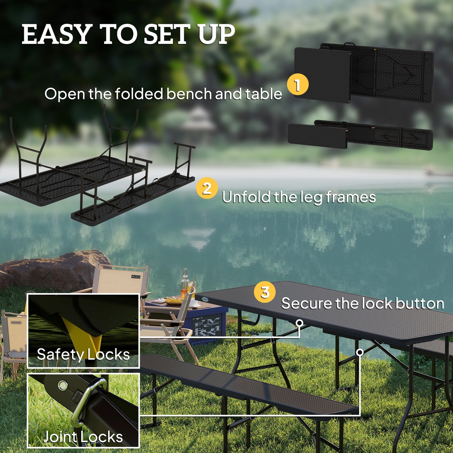 Rattan Effect Folding Picnic Table and Bench Set w/ Handles, Black