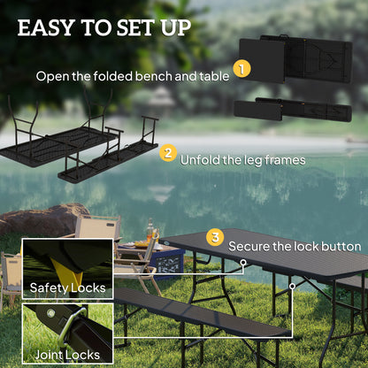 Rattan Effect Folding Picnic Table and Bench Set w/ Handles, Black