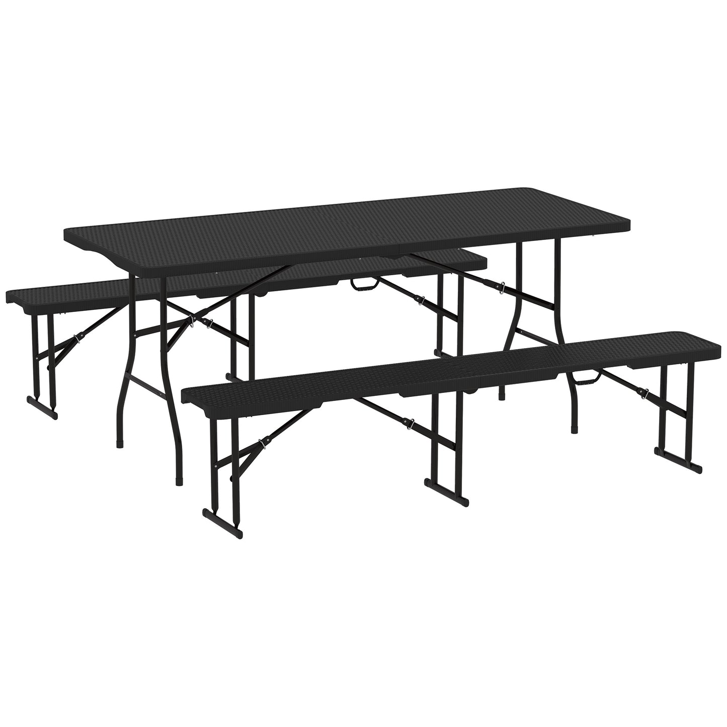 Rattan Effect Folding Picnic Table and Bench Set w/ Handles, Black