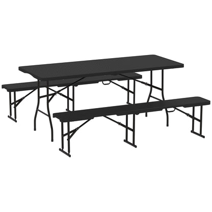 Rattan Effect Folding Picnic Table and Bench Set w/ Handles, Black