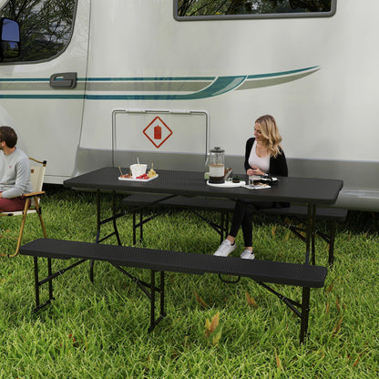 Rattan Effect Folding Picnic Table and Bench Set w/ Handles, Black