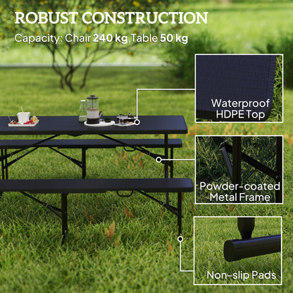 Rattan Effect Folding Picnic Table and Bench Set w/ Handles, Black