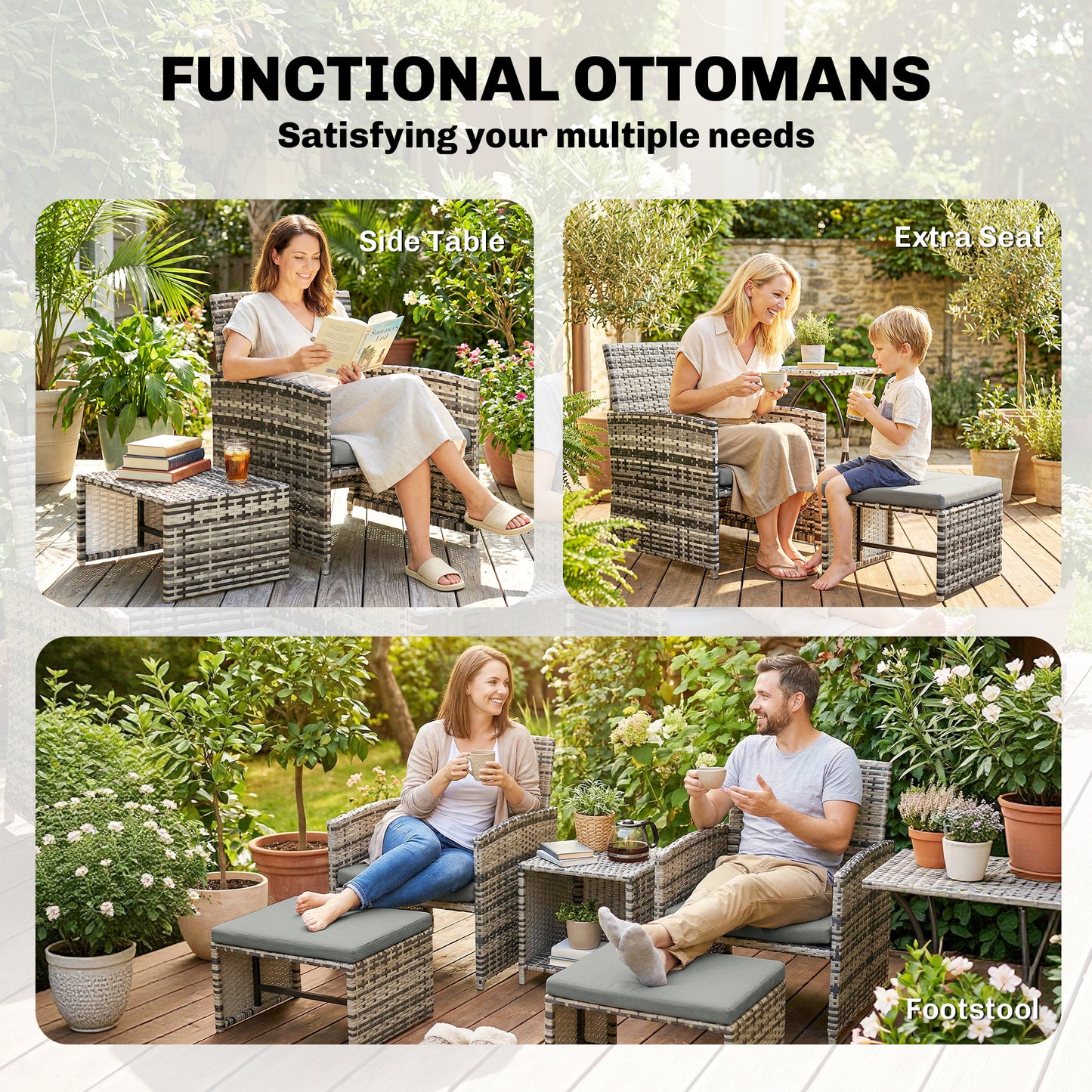 6 Piece Rattan Garden Furniture Set with Nesting Tables, Grey
