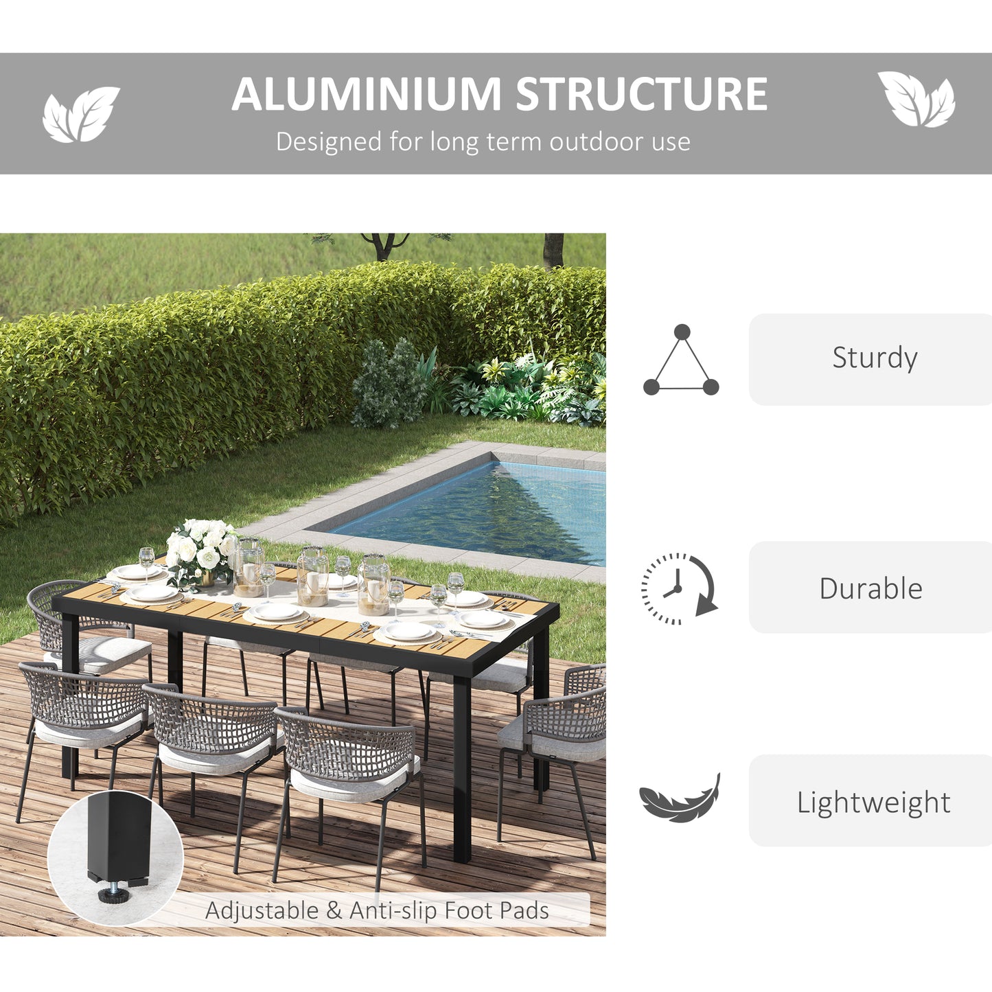 Garden Dining Table for 8, Aluminium Frame for Patio, Natural