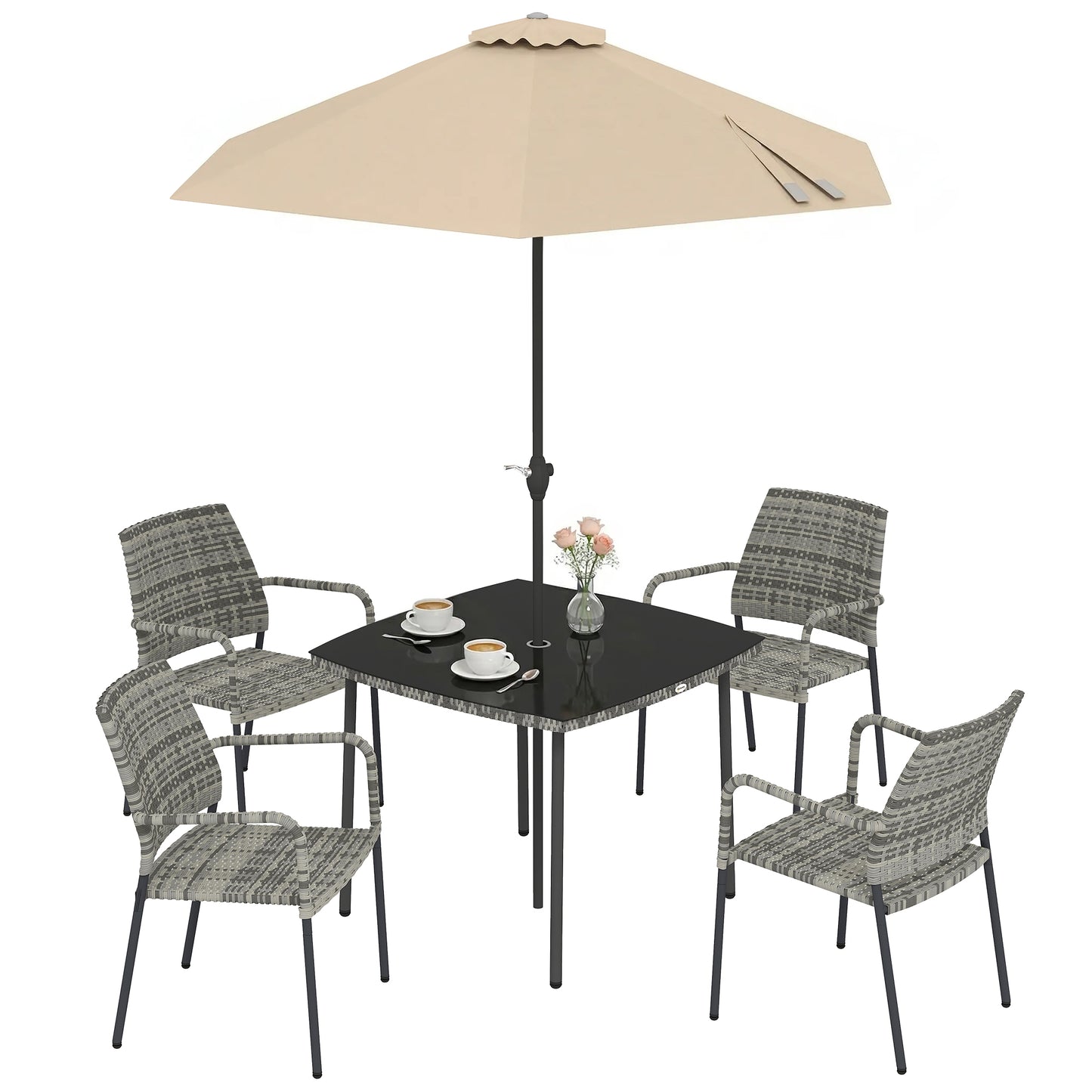 4 Seater Rattan Dining Set with Parasol, Light Grey