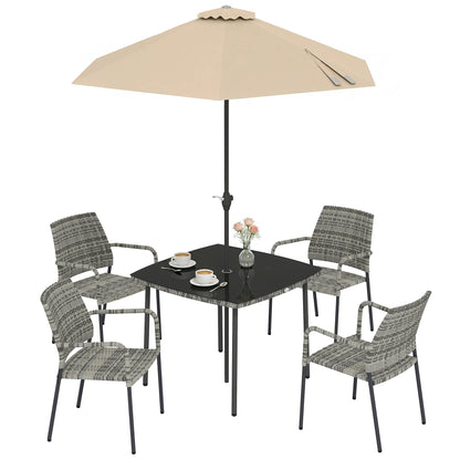 4 Seater Rattan Dining Set with Parasol, Light Grey