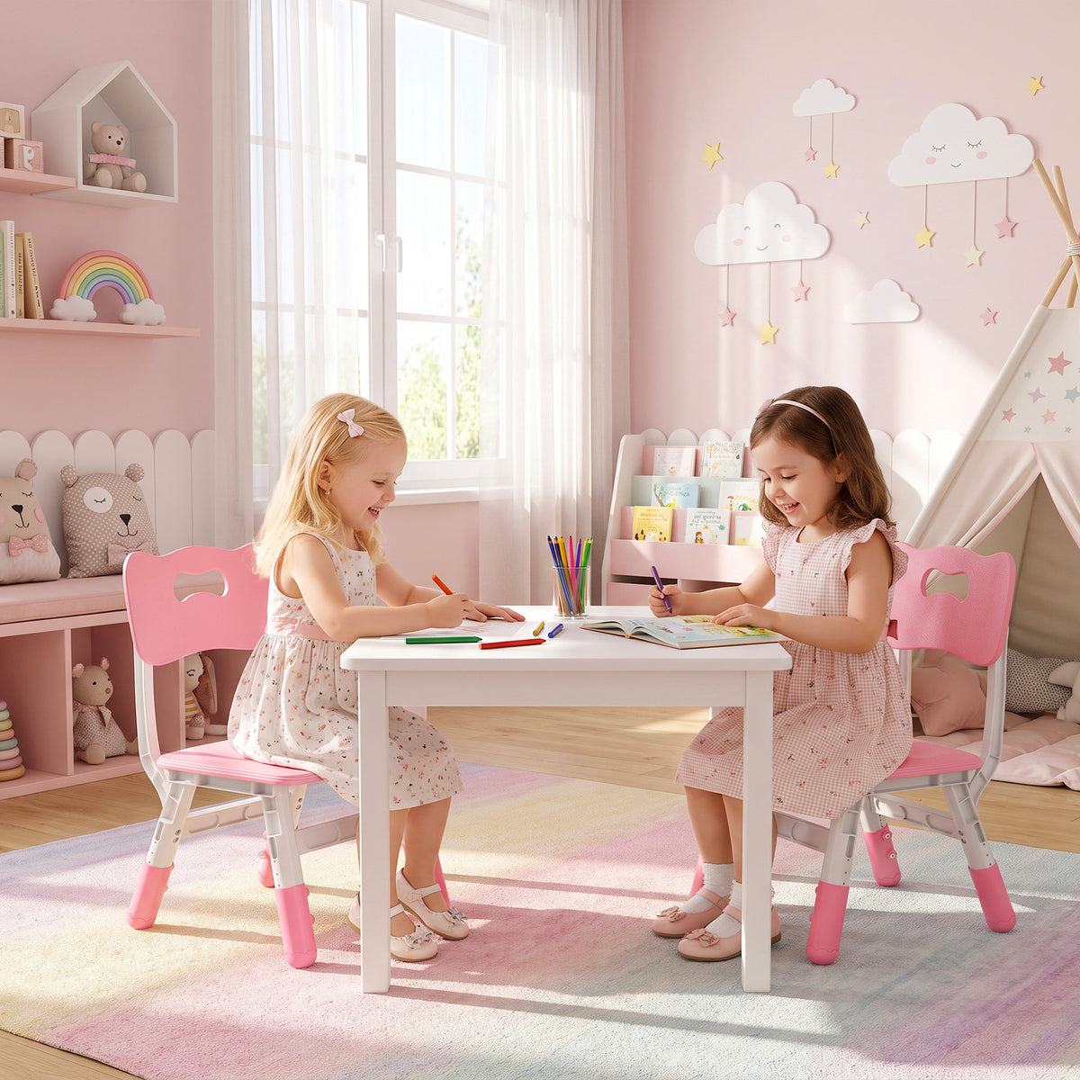Set of 2 Height-Adjustable Kids' Desk Chairs - Pink & White