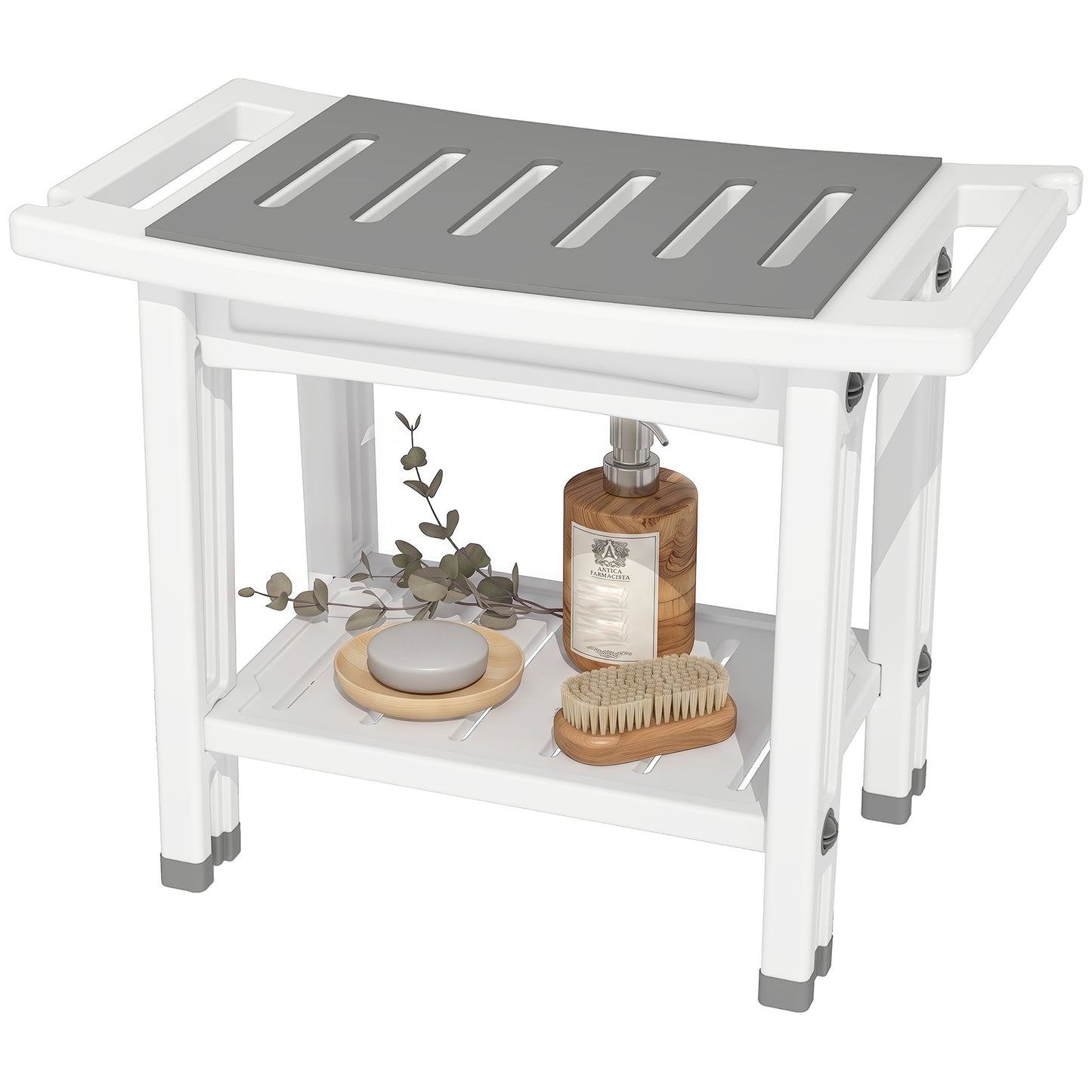 2-Tier Shower Bench with Shelf 4 Legs White and Grey