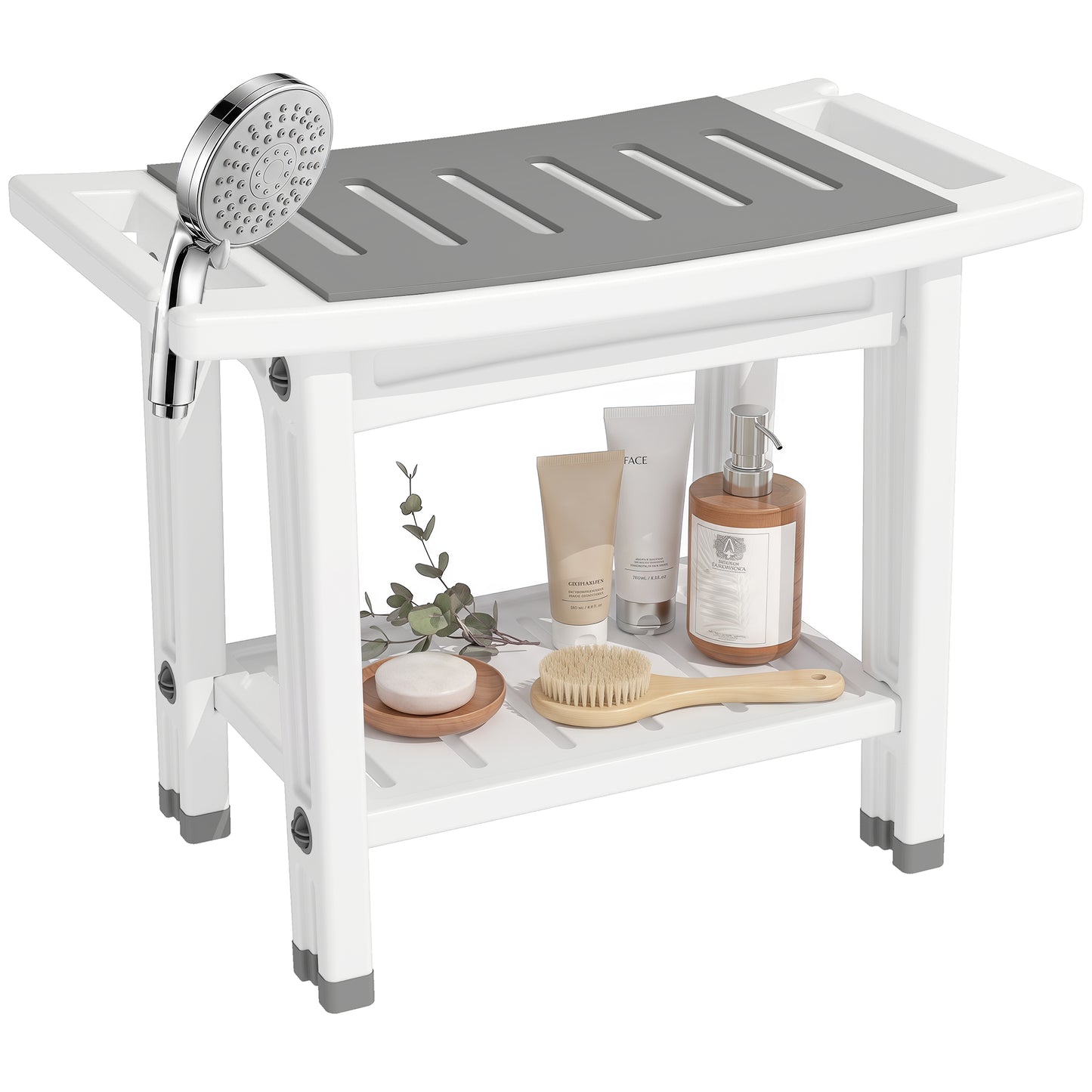 2-Tier Shower Bench with Shelf 4 Legs White and Grey