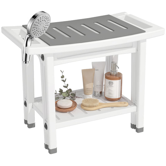 2-Tier Shower Bench with Shelf 4 Legs White and Grey