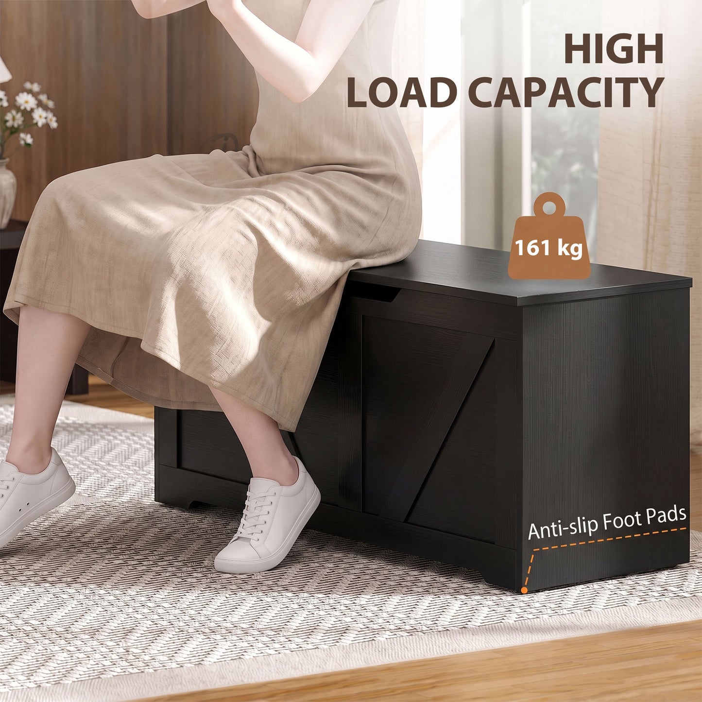 Storage Trunk for Living Room, with Safety Hinges, 100cm, Black