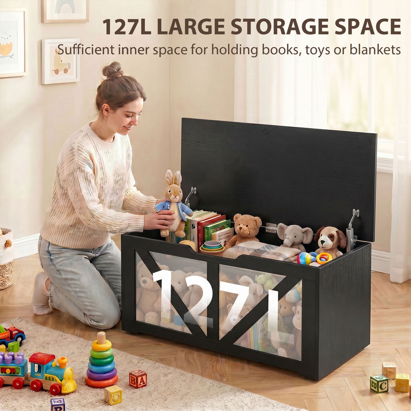 Storage Trunk for Living Room, with Safety Hinges, 100cm, Black