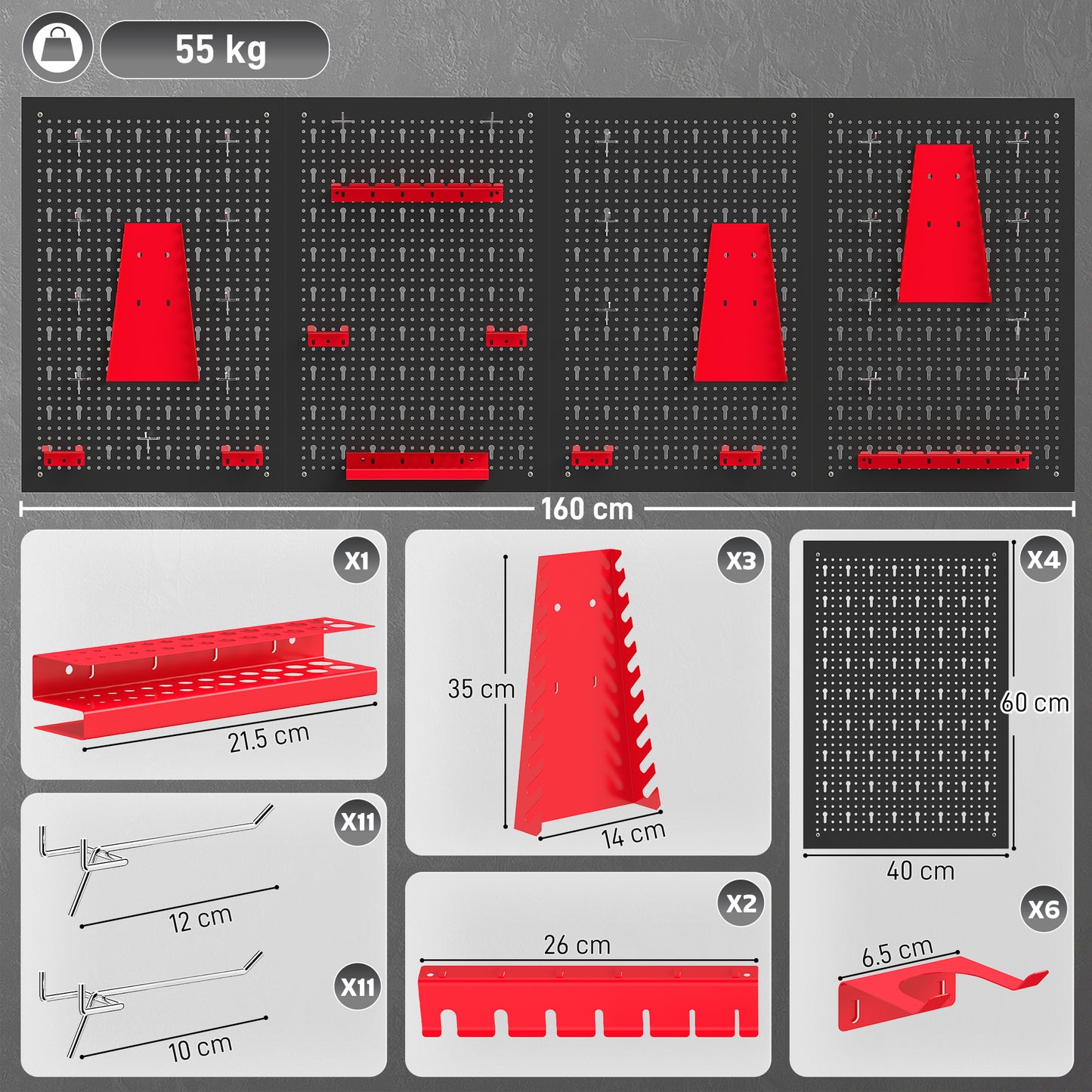 38 Pcs Wall-Mounted Pegboard with Hooks and Storage Shelves, 4 Panels Set Garage DIY Storage Unit Black and Red