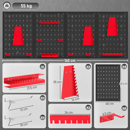 38 Pcs Wall-Mounted Pegboard with Hooks and Storage Shelves, 4 Panels Set Garage DIY Storage Unit Black and Red