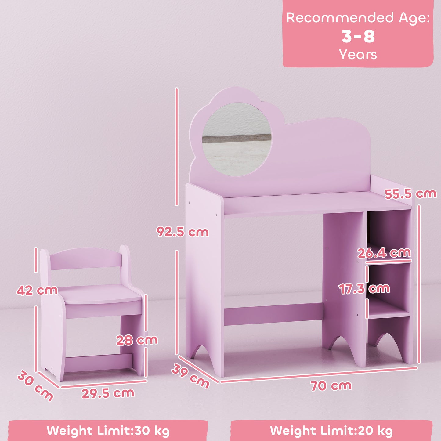 Kids Dressing Table with Mirror, Stool, Vanity Table, Purple