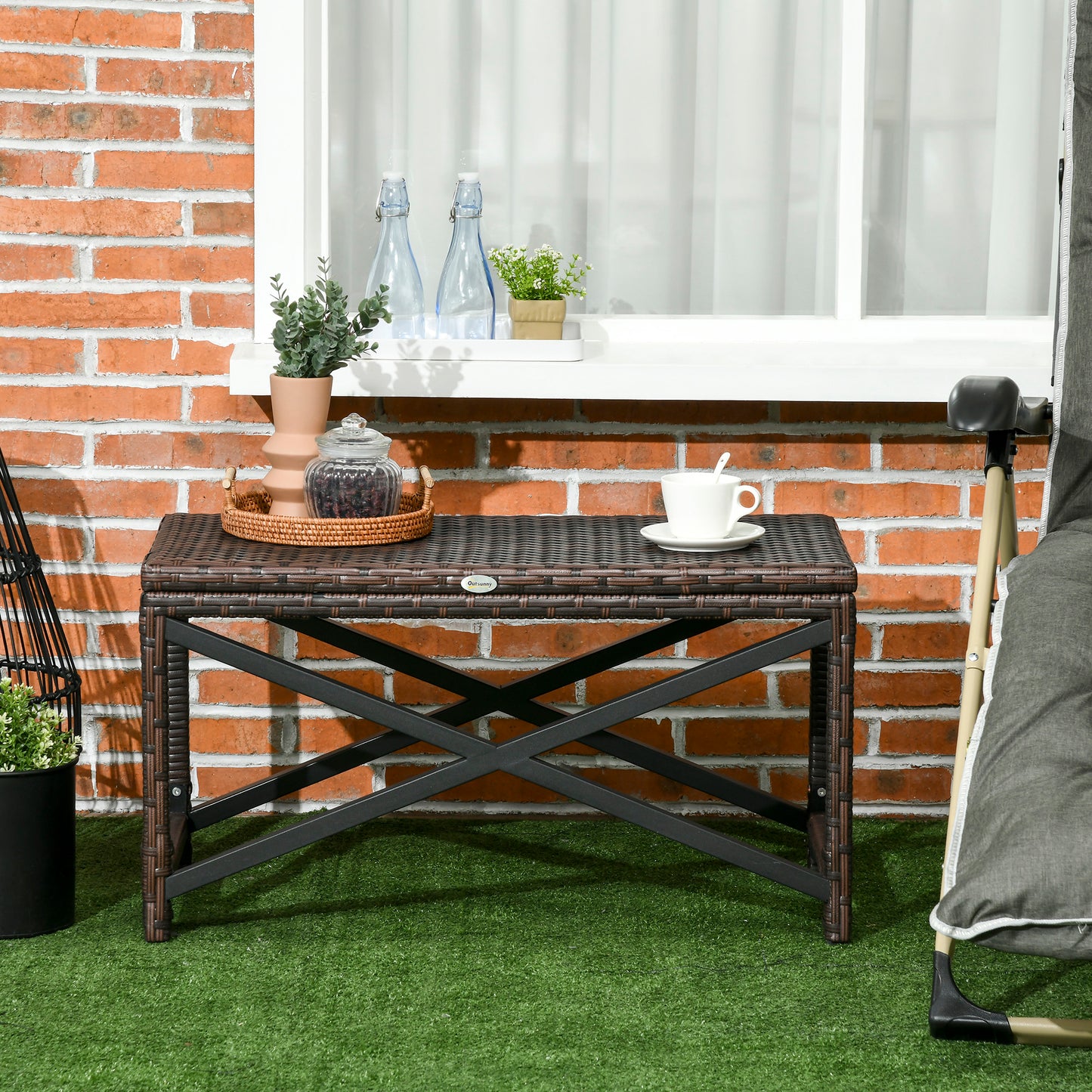 PE Wicker Outdoor Coffee Table, Rattan Side Table w/ Plastic Board