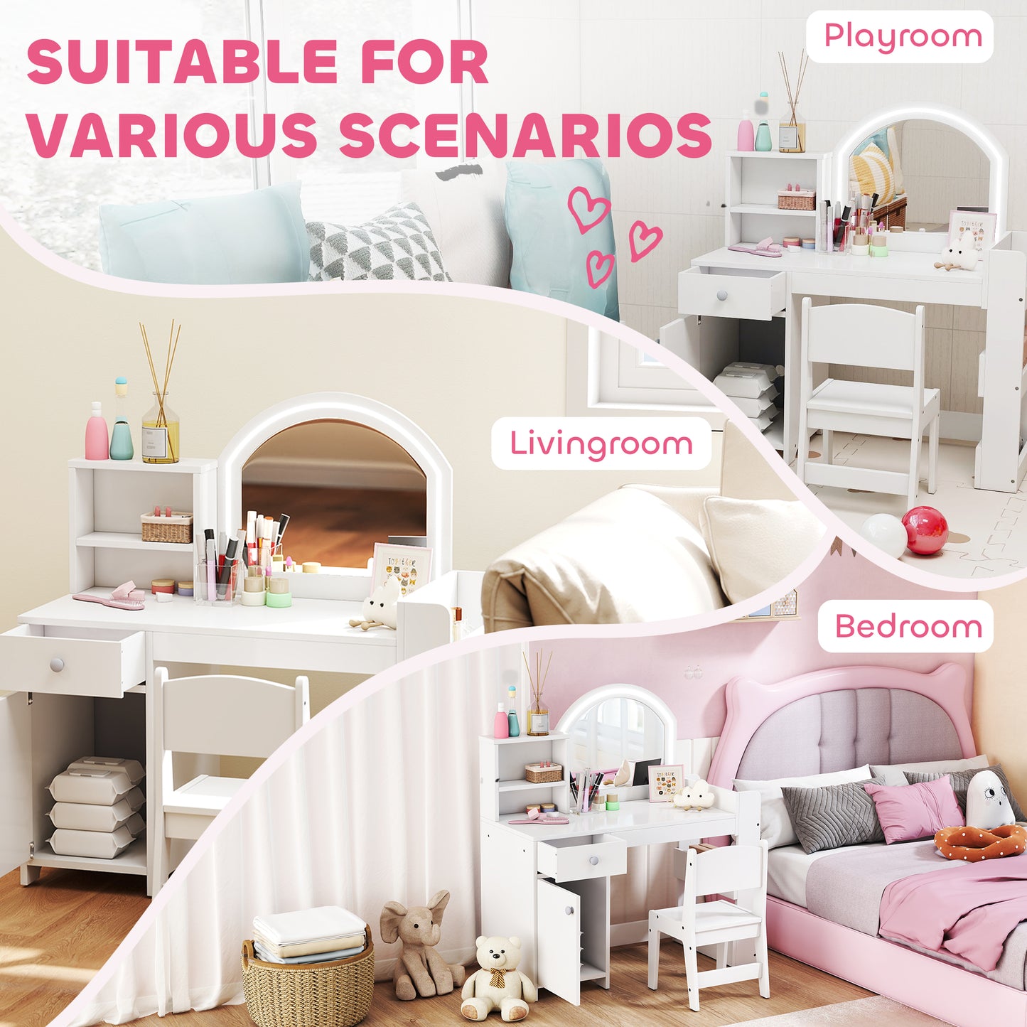 Kids Vanity Table and Chair Set, Girls Dressing Table with 2-Colour LED Mirror, Stool, Cabinet, Drawer, Bookshelf and Shelves for Ages 3-8 Years, White