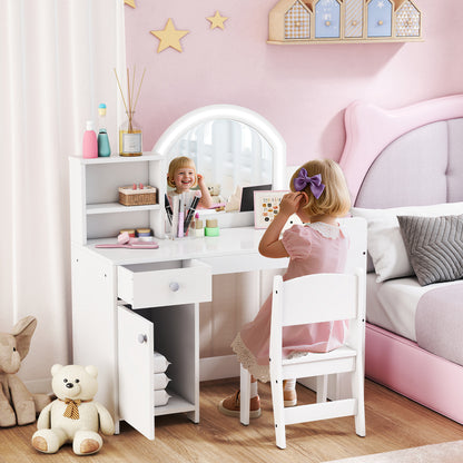 Kids Vanity Table and Chair Set, Girls Dressing Table with 2-Colour LED Mirror, Stool, Cabinet, Drawer, Bookshelf and Shelves for Ages 3-8 Years, White