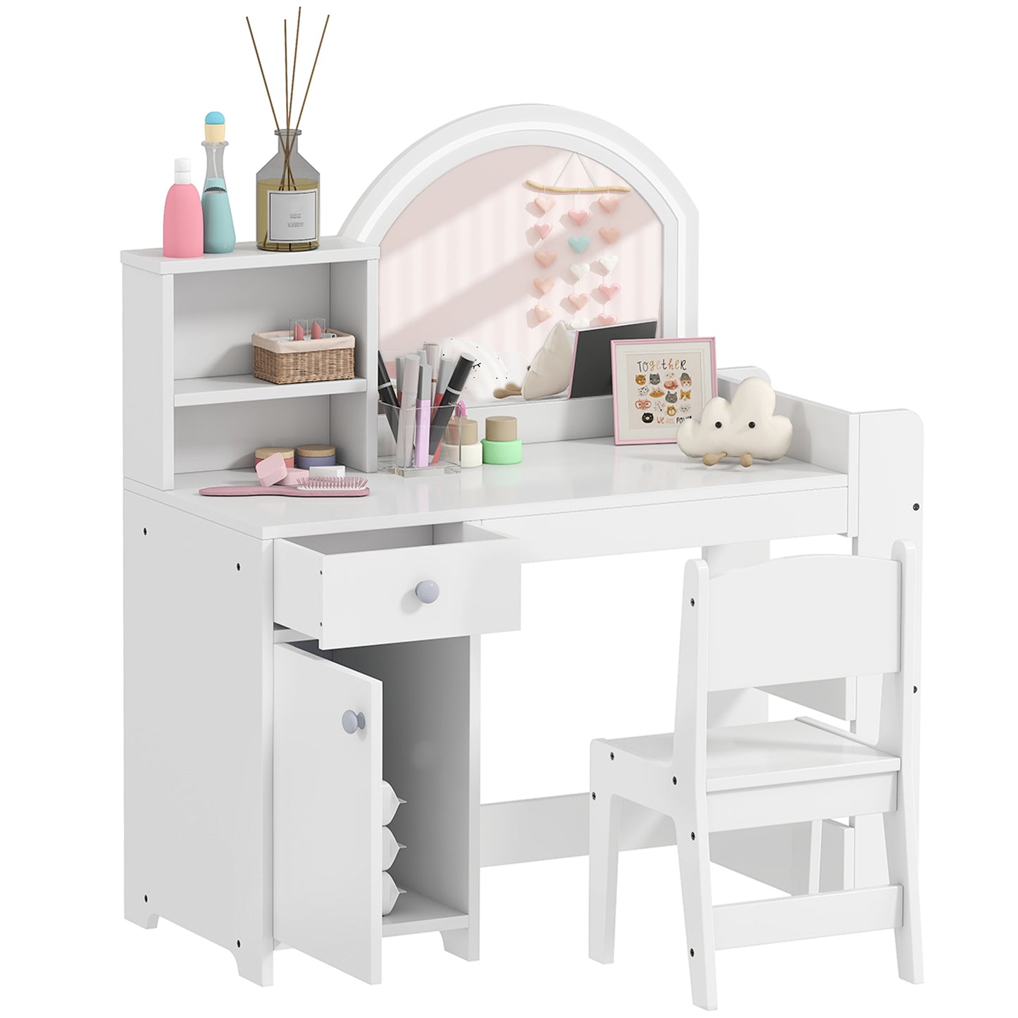 Kids Vanity Table and Chair Set, Girls Dressing Table with 2-Colour LED Mirror, Stool, Cabinet, Drawer, Bookshelf and Shelves for Ages 3-8 Years, White