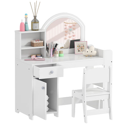 Kids Vanity Table and Chair Set, Girls Dressing Table with 2-Colour LED Mirror, Stool, Cabinet, Drawer, Bookshelf and Shelves for Ages 3-8 Years, White
