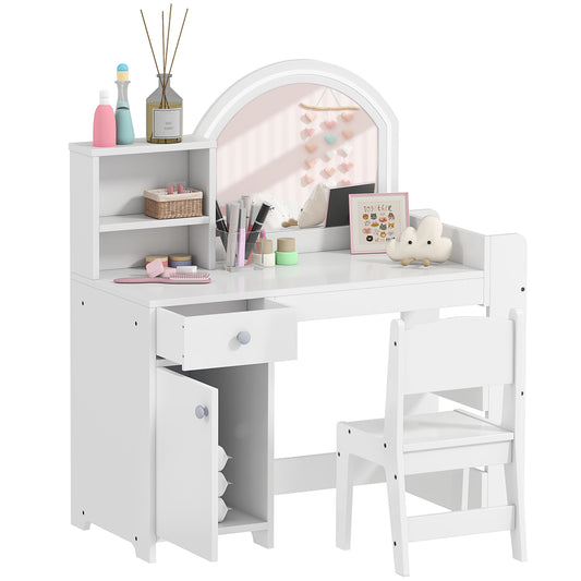 Kids Vanity Table and Chair Set, Girls Dressing Table with 2-Colour LED Mirror, Stool, Cabinet, Drawer, Bookshelf and Shelves for Ages 3-8 Years, White