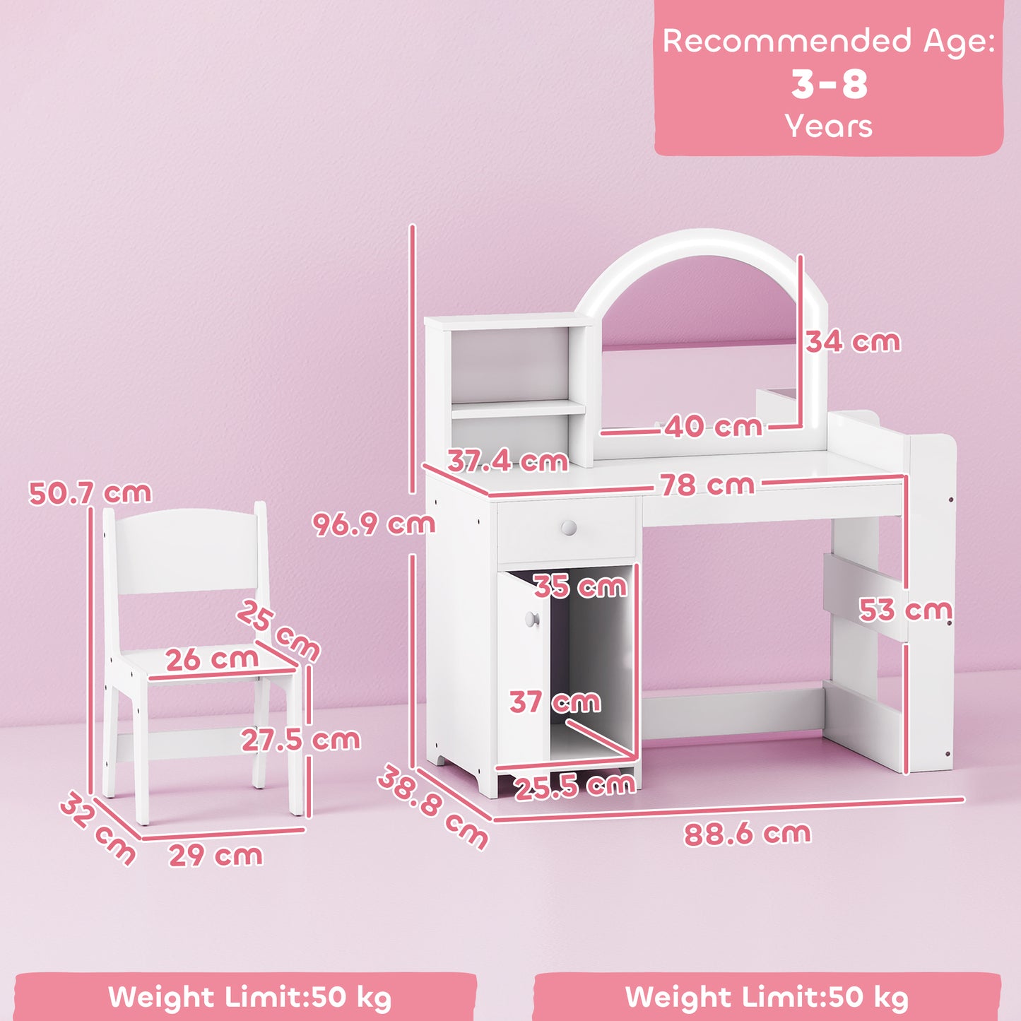 Kids Vanity Table and Chair Set, Girls Dressing Table with 2-Colour LED Mirror, Stool, Cabinet, Drawer, Bookshelf and Shelves for Ages 3-8 Years, White