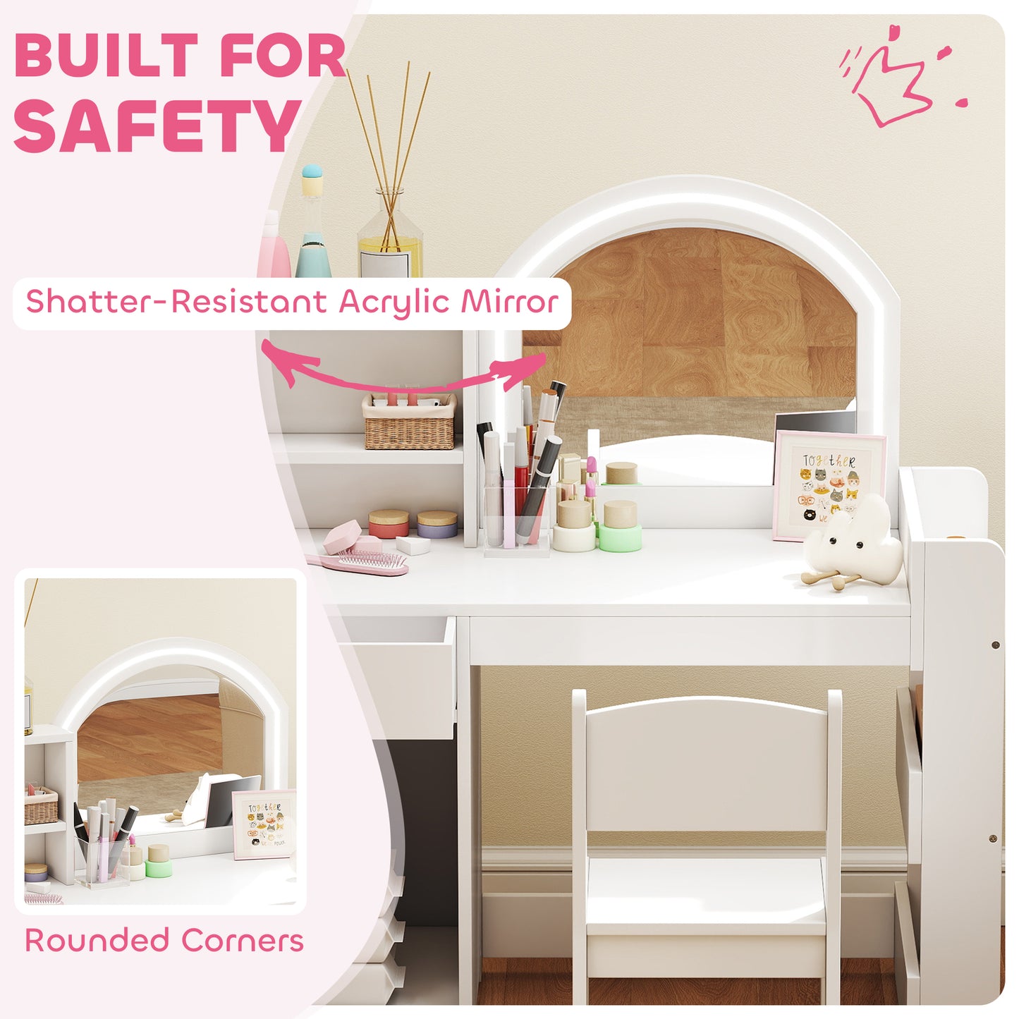 Kids Vanity Table and Chair Set, Girls Dressing Table with 2-Colour LED Mirror, Stool, Cabinet, Drawer, Bookshelf and Shelves for Ages 3-8 Years, White