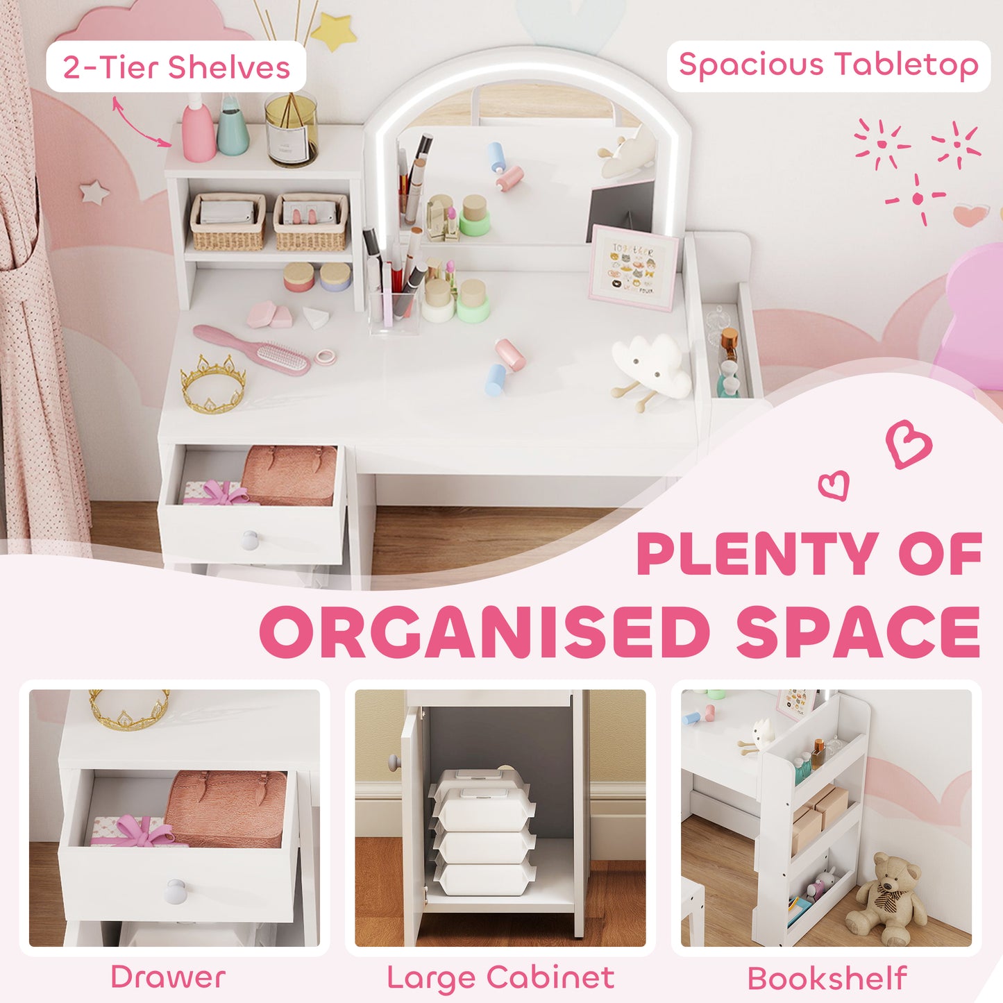Kids Vanity Table and Chair Set, Girls Dressing Table with 2-Colour LED Mirror, Stool, Cabinet, Drawer, Bookshelf and Shelves for Ages 3-8 Years, White