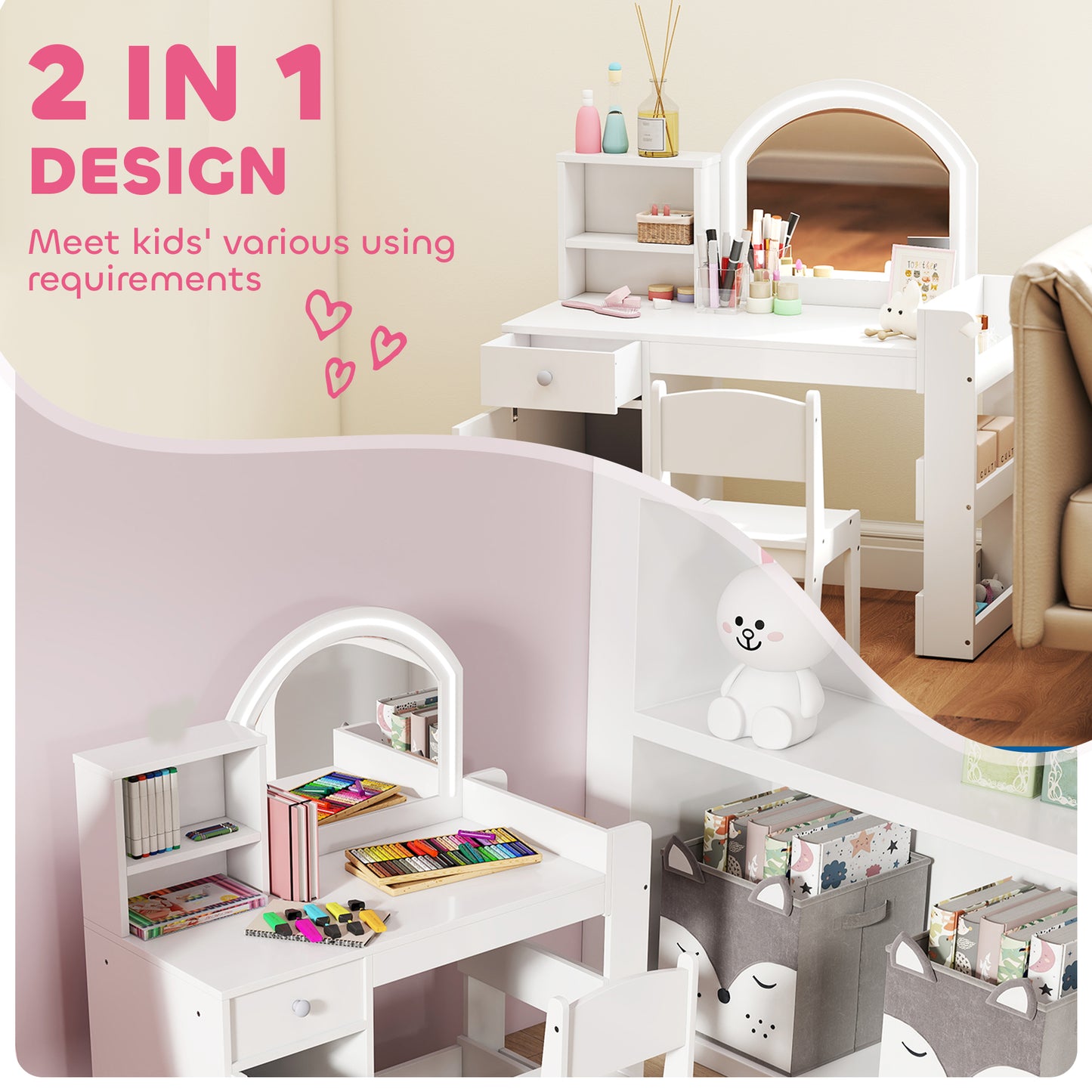 Kids Vanity Table and Chair Set, Girls Dressing Table with 2-Colour LED Mirror, Stool, Cabinet, Drawer, Bookshelf and Shelves for Ages 3-8 Years, White