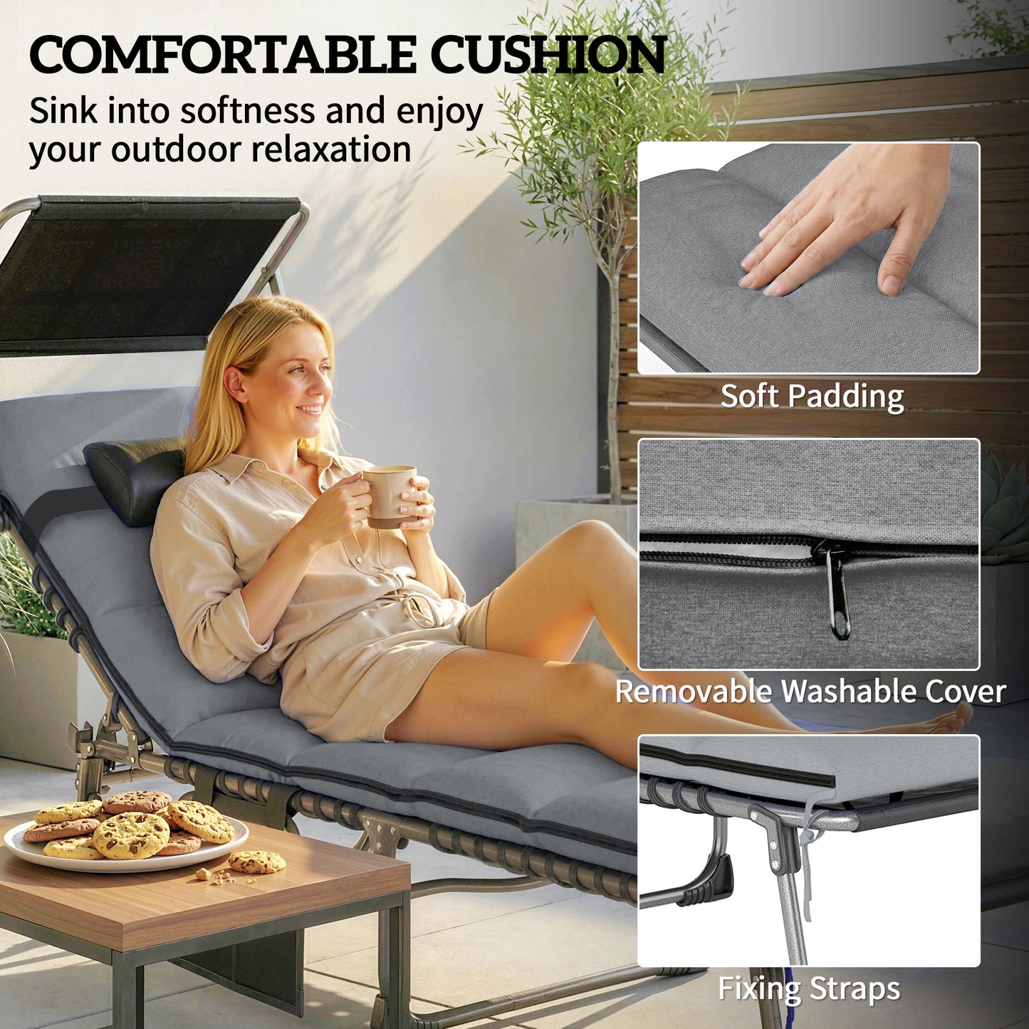 Folding Sun Loungers Set of 2, Sun Bed with Canopy, Light Grey