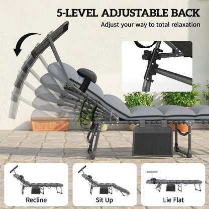 Folding Sun Loungers Set of 2, Sun Bed with Canopy, Light Grey