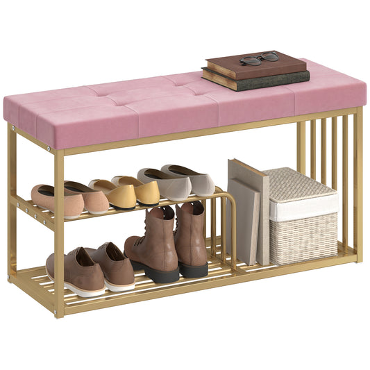 Shoe Storage Bench with Seat Cushion Tufted Shoe Rack Bench Pink