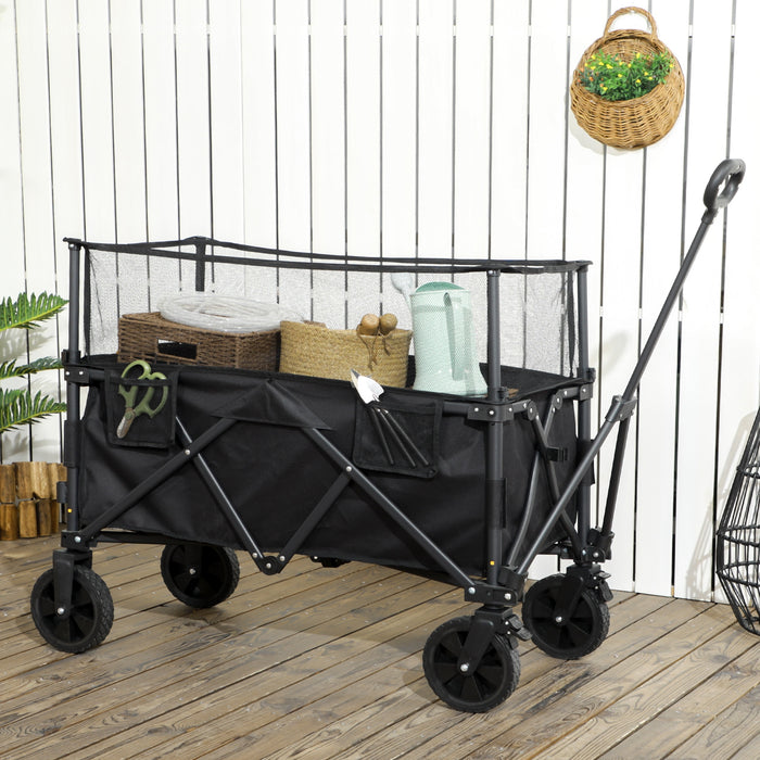 Folding Garden Trolley, 180L Wagon Cart with Extendable Side Walls, for Beach, Camping, Festival, Black