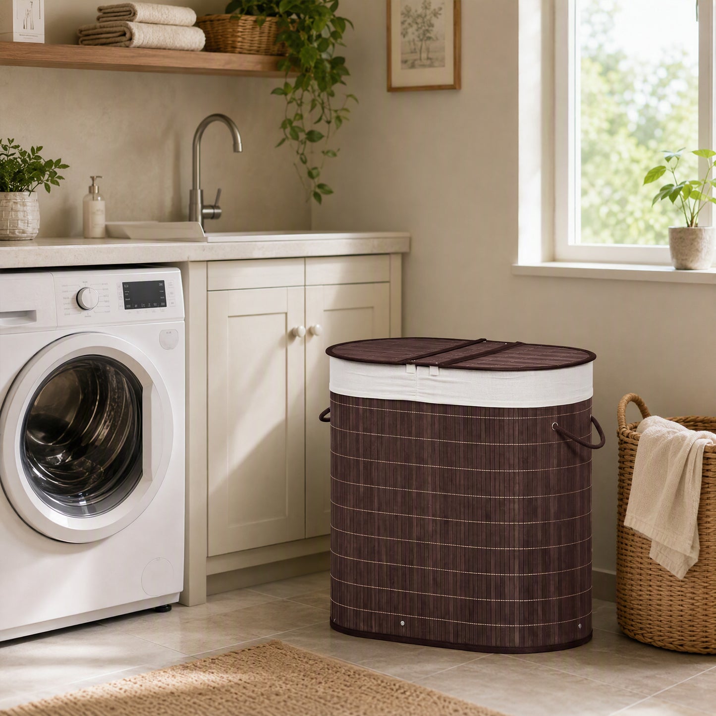 100L Bamboo Laundry Basket with Lid, Washing Basket, Brown