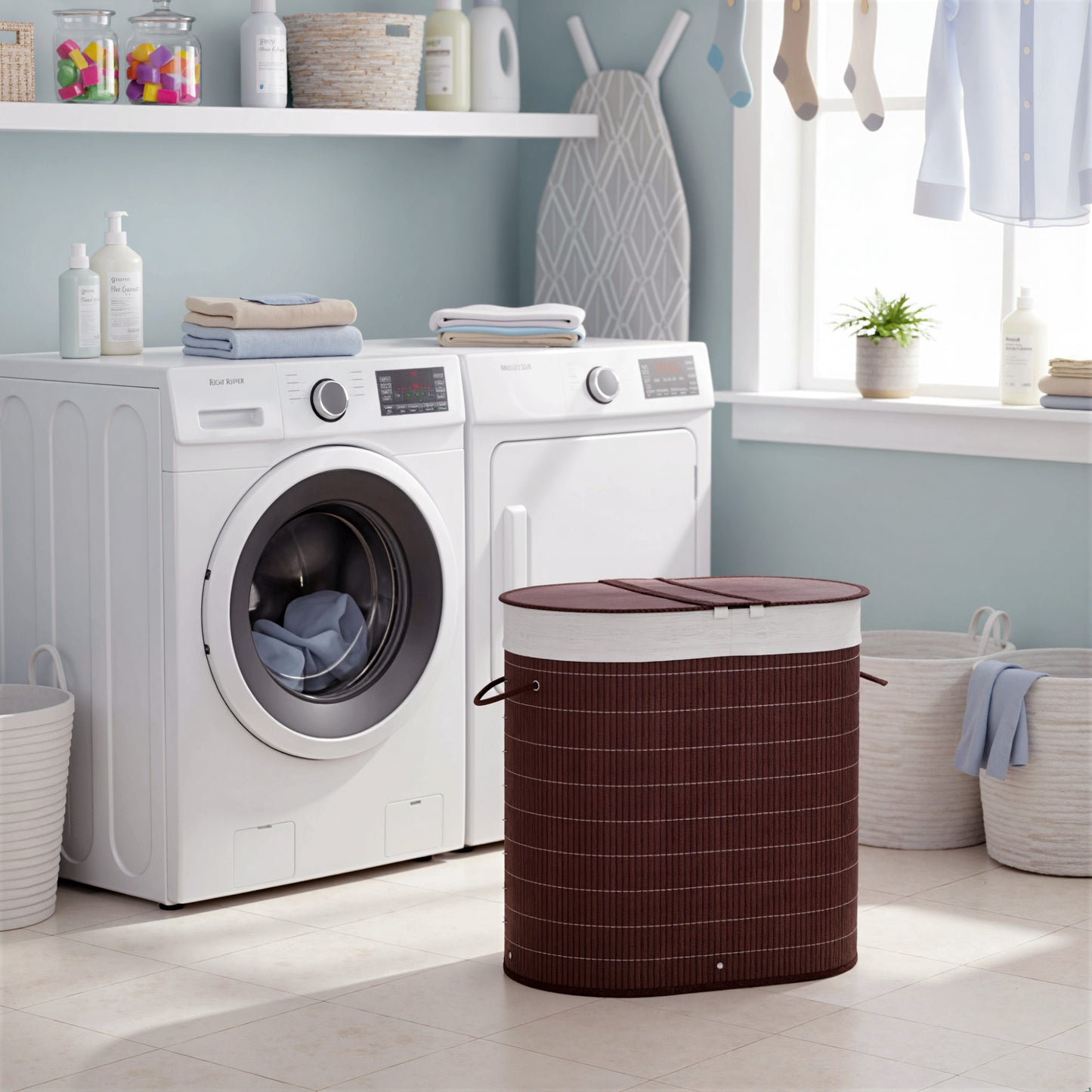 100L Bamboo Laundry Basket with Lid, Washing Basket, Brown
