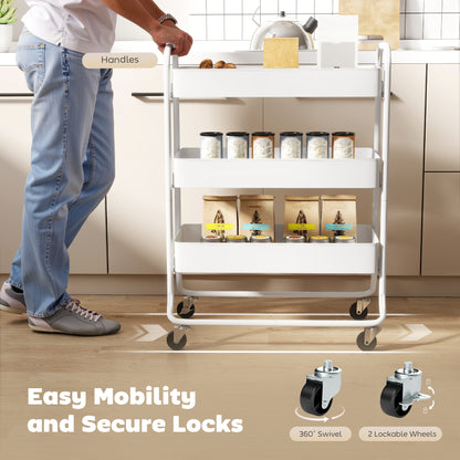 3-Tier Storage Trolley, Storage Cart with Mesh Backets, Wheels, White
